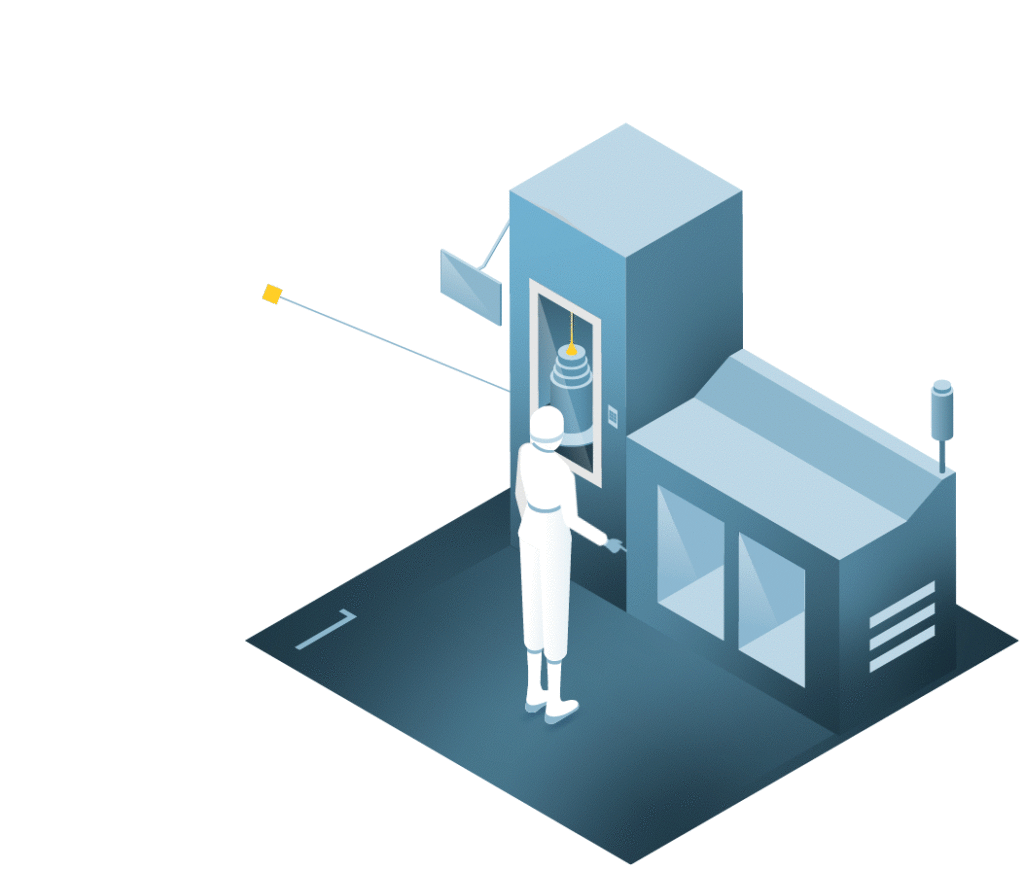 Illustration of a person in protective clothing operating a 3D printer. The machine is large, with a display screen showing a 3D model. The person interacts with the control panel, and a small detail of the model is highlighted.