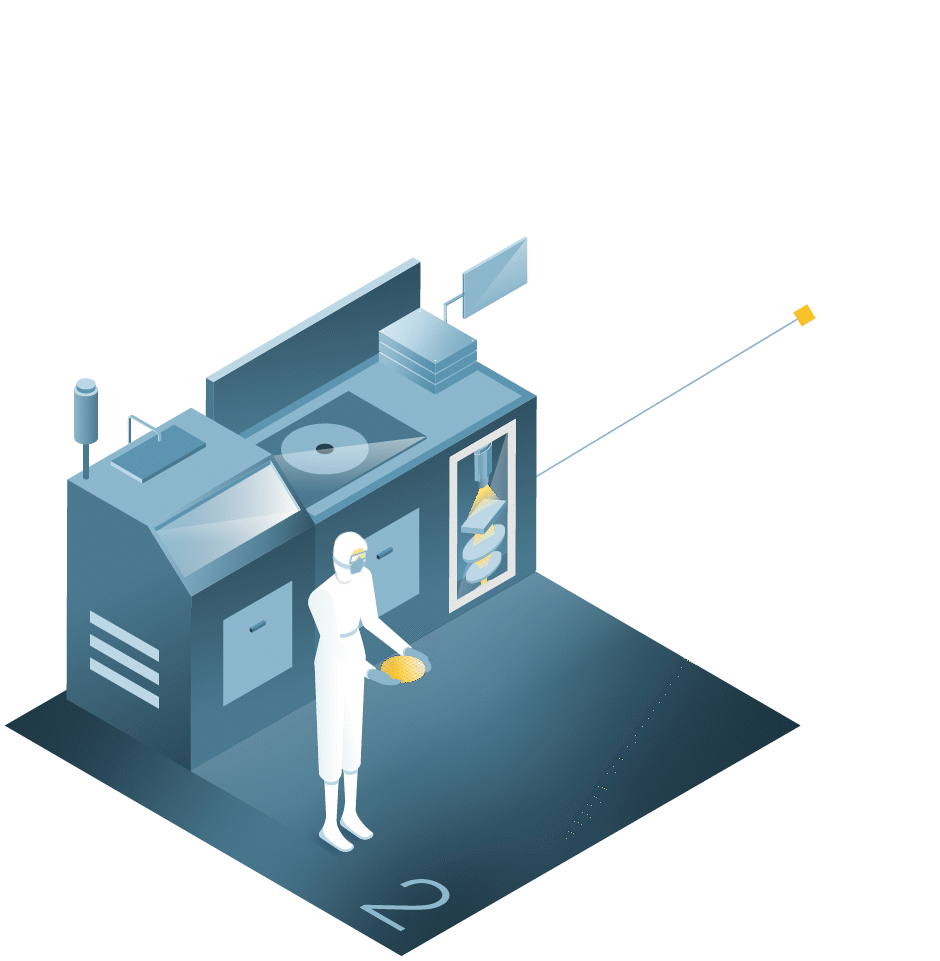 Isometric illustration of a person wearing a hard hat and holding a tray in front of industrial kitchen equipment, including an oven and shelves with bags. A line connects the oven to an icon.