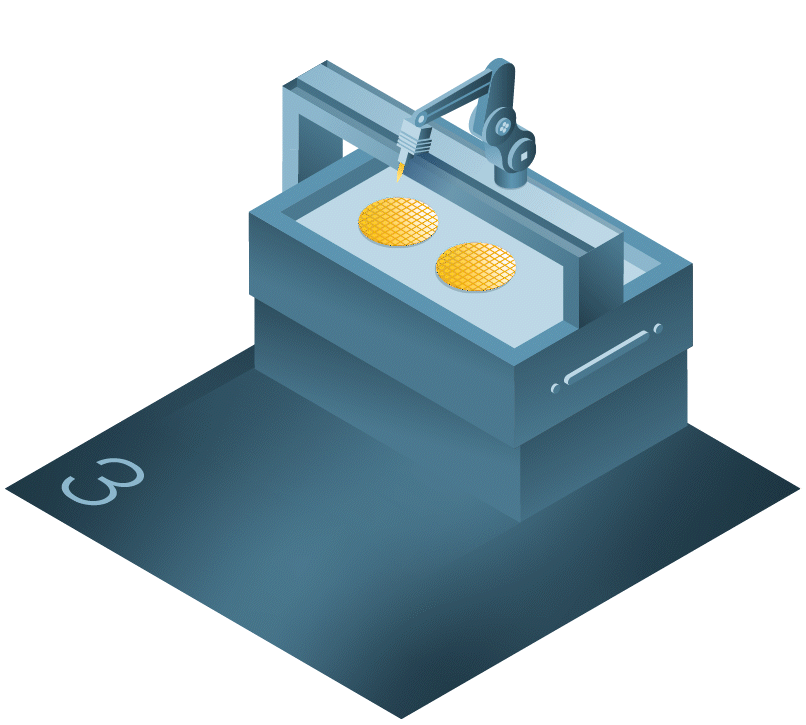 Illustration of a 3D printing machine creating two circular golden objects. The machine features a robotic arm positioned over a rectangular platform, with a dark base displaying the number 3.