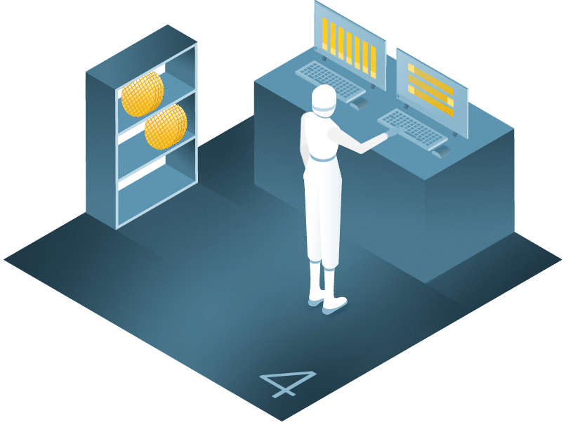 A person in a futuristic room operates two adjacent computer screens displaying yellow graphs. Nearby, two golden objects are on a shelf. The scene has a minimalistic, blue-toned design with an arrow on the floor.