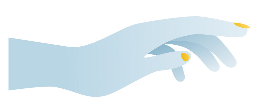 Illustration of a light blue hand with fingers gently curved, featuring yellow painted fingernails on a white background.